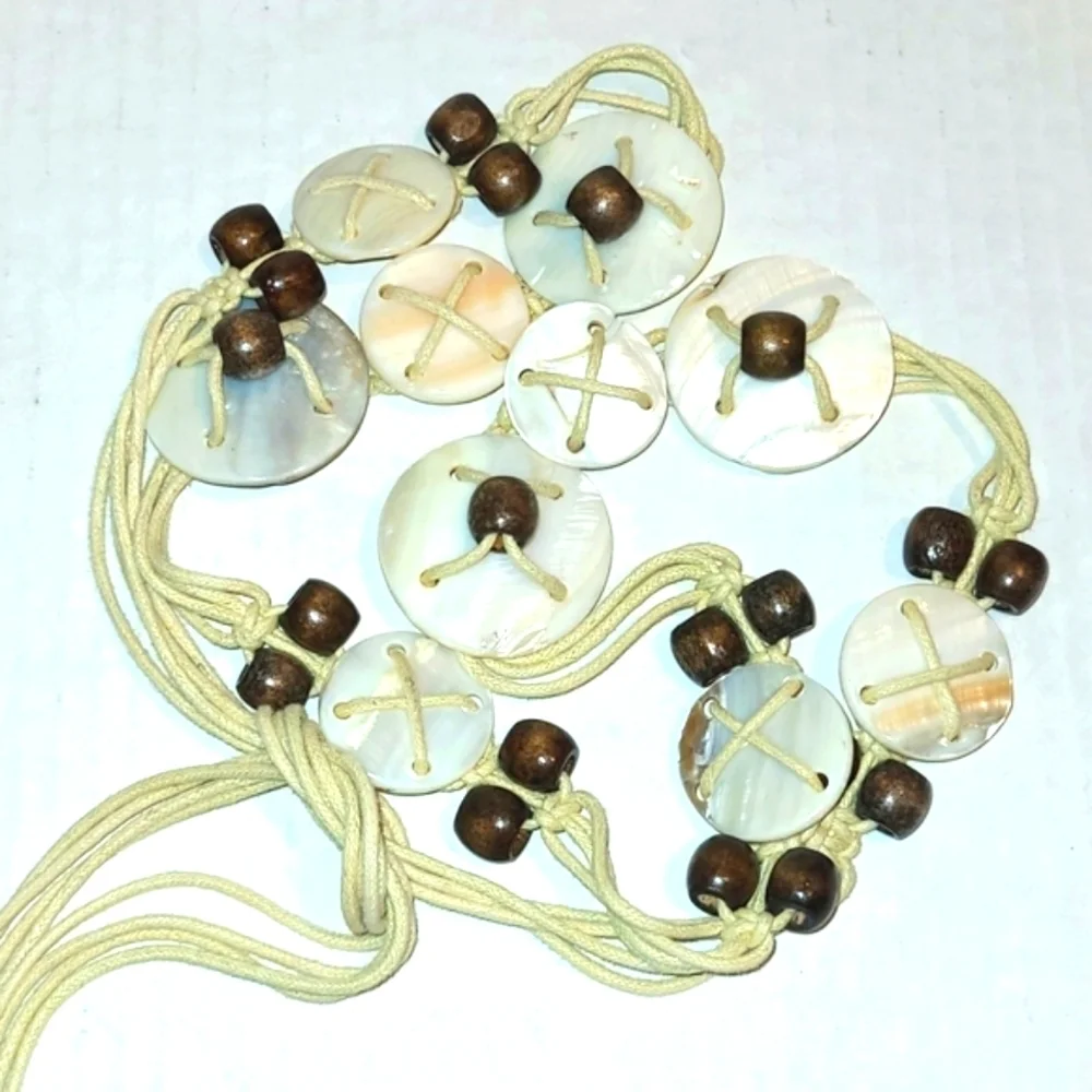 Belt Vintage white shells wood beads strung on heavy white cotton Coastal Boho